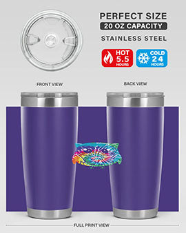 Graphic Owl Tiedye Tumblers showcasing vibrant colors and double wall stainless steel design, perfect for hot and cold beverages.
