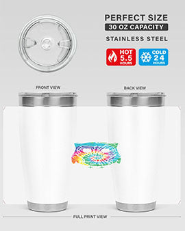Graphic Owl Tiedye Tumblers showcasing vibrant colors and double wall stainless steel design, perfect for hot and cold beverages.
