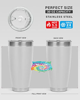 Graphic Owl Tiedye Tumblers showcasing vibrant colors and double wall stainless steel design, perfect for hot and cold beverages.