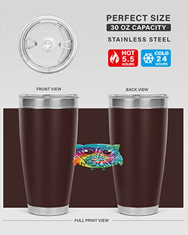 Graphic Owl Tiedye Tumblers showcasing vibrant colors and double wall stainless steel design, perfect for hot and cold beverages.