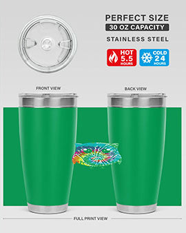 Graphic Owl Tiedye Tumblers showcasing vibrant colors and double wall stainless steel design, perfect for hot and cold beverages.