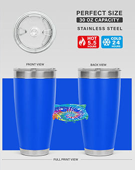Graphic Owl Tiedye Tumblers showcasing vibrant colors and double wall stainless steel design, perfect for hot and cold beverages.