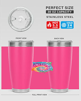 Graphic Owl Tiedye Tumblers showcasing vibrant colors and double wall stainless steel design, perfect for hot and cold beverages.
