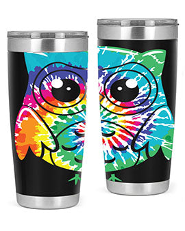 Graphic Owl Tiedye Tumblers showcasing vibrant colors and double wall stainless steel design, perfect for hot and cold beverages.