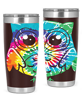 Graphic Owl Tiedye Tumblers showcasing vibrant colors and double wall stainless steel design, perfect for hot and cold beverages.