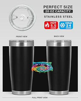 Graphic Owl Tiedye Tumblers showcasing vibrant colors and double wall stainless steel design, perfect for hot and cold beverages.