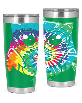 Graphic Owl Tiedye Tumblers showcasing vibrant colors and double wall stainless steel design, perfect for hot and cold beverages.