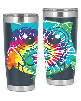 Graphic Owl Tiedye Tumblers showcasing vibrant colors and double wall stainless steel design, perfect for hot and cold beverages.