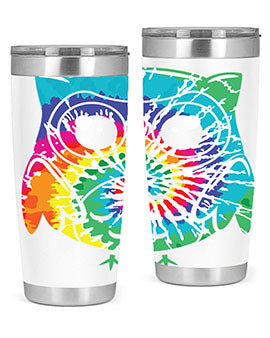 Graphic Owl Tiedye Tumblers showcasing vibrant colors and double wall stainless steel design, perfect for hot and cold beverages.