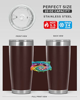 Graphic Owl Tiedye Tumblers showcasing vibrant colors and double wall stainless steel design, perfect for hot and cold beverages.