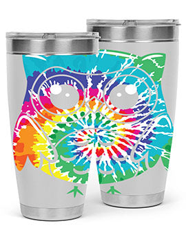 Graphic Owl Tiedye Tumblers showcasing vibrant colors and double wall stainless steel design, perfect for hot and cold beverages.