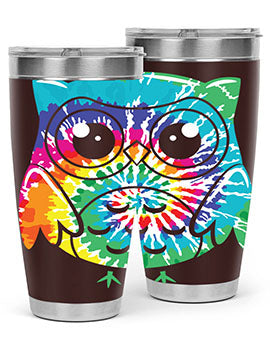 Graphic Owl Tiedye Tumblers showcasing vibrant colors and double wall stainless steel design, perfect for hot and cold beverages.