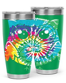 Graphic Owl Tiedye Tumblers showcasing vibrant colors and double wall stainless steel design, perfect for hot and cold beverages.
