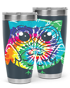 Graphic Owl Tiedye Tumblers showcasing vibrant colors and double wall stainless steel design, perfect for hot and cold beverages.