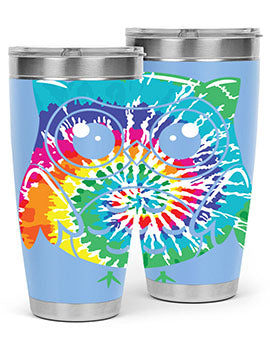Graphic Owl Tiedye Tumblers showcasing vibrant colors and double wall stainless steel design, perfect for hot and cold beverages.