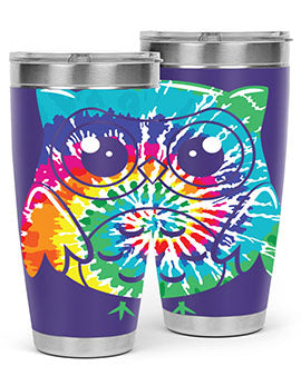 Graphic Owl Tiedye Tumblers showcasing vibrant colors and double wall stainless steel design, perfect for hot and cold beverages.