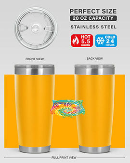 Graphic Owl Tiedye Tumblers showcasing vibrant colors and double wall stainless steel design, perfect for hot and cold beverages.