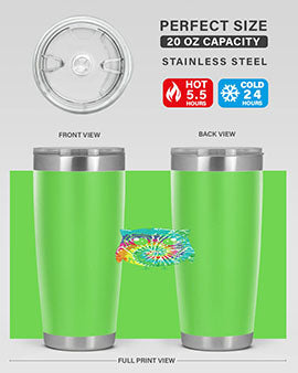 Graphic Owl Tiedye Tumblers showcasing vibrant colors and double wall stainless steel design, perfect for hot and cold beverages.