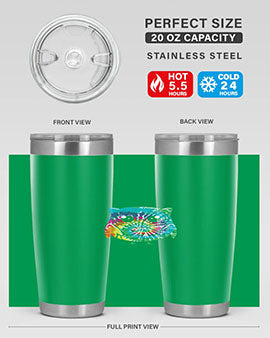 Graphic Owl Tiedye Tumblers showcasing vibrant colors and double wall stainless steel design, perfect for hot and cold beverages.