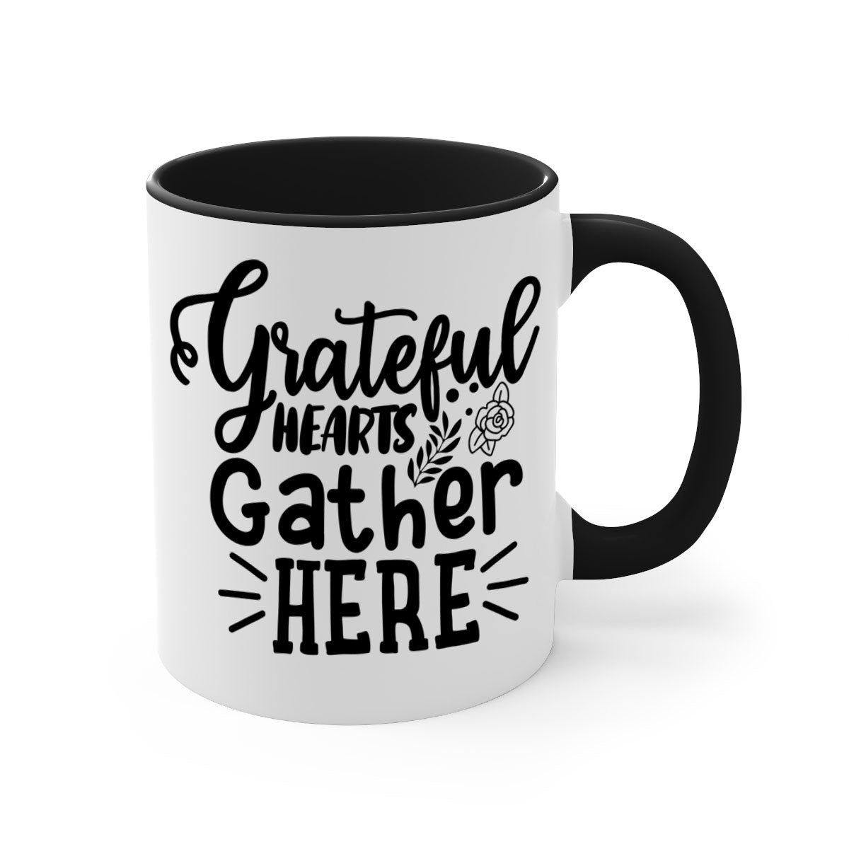 Grateful Hearts Gather Here Mug with a two-tone design featuring a colored handle and glossy finish, perfect for Thanksgiving.
