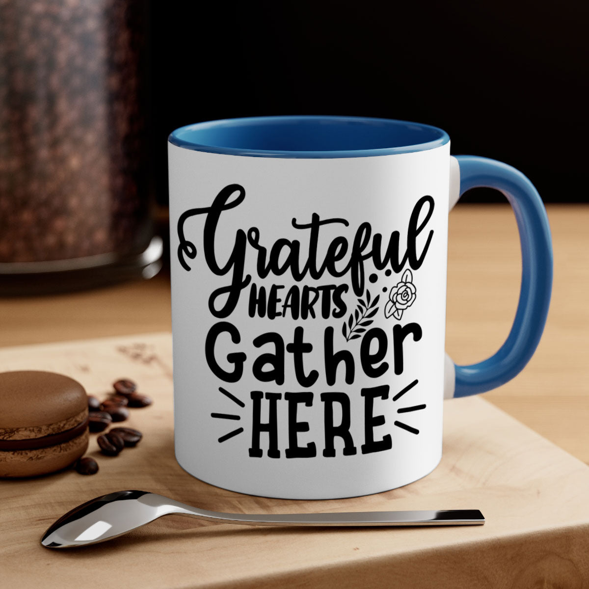 Grateful Hearts Gather Here Mug with a two-tone design featuring a colored handle and glossy finish, perfect for Thanksgiving.