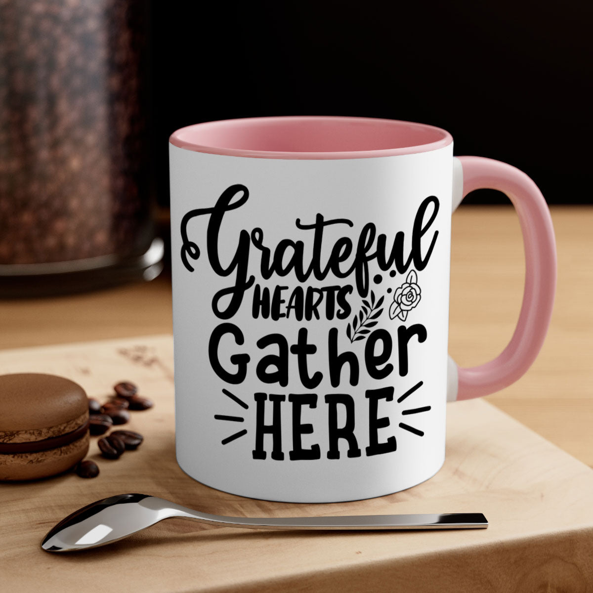 Grateful Hearts Gather Here Mug with a two-tone design featuring a colored handle and glossy finish, perfect for Thanksgiving.