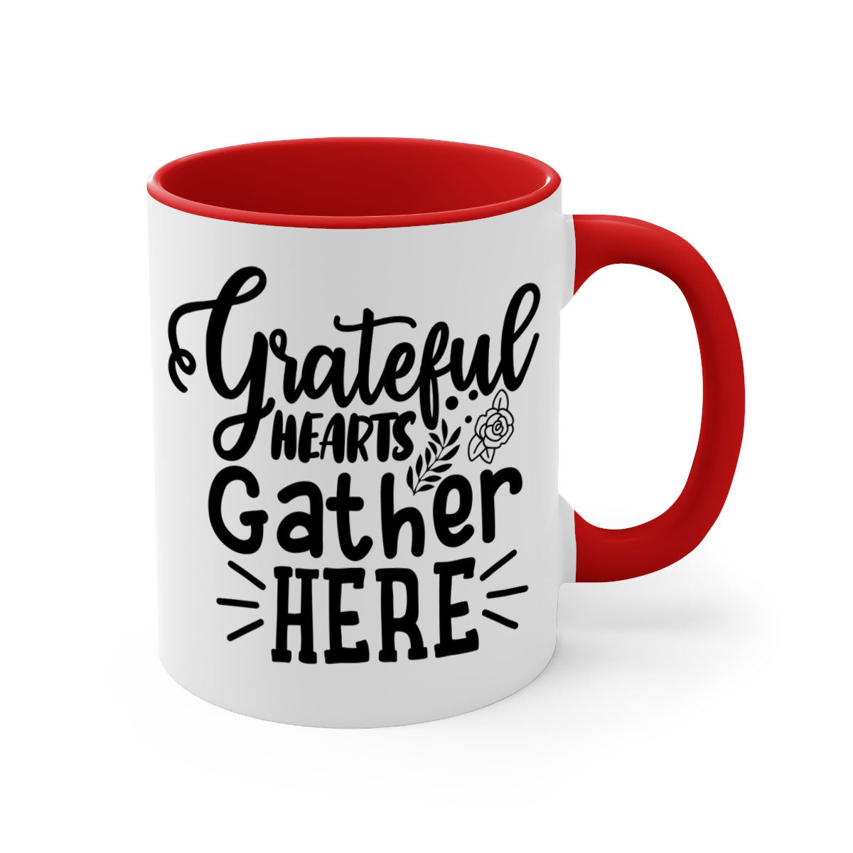 Grateful Hearts Gather Here Mug with a two-tone design featuring a colored handle and glossy finish, perfect for Thanksgiving.