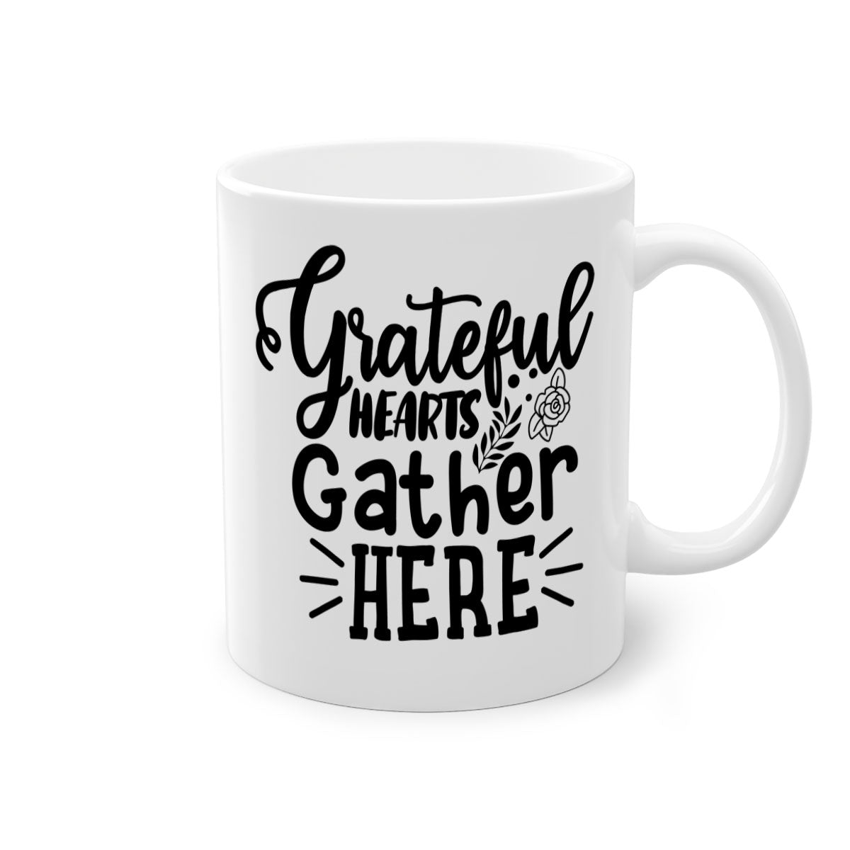 Grateful Hearts Gather Here Mug with a two-tone design featuring a colored handle and glossy finish, perfect for Thanksgiving.