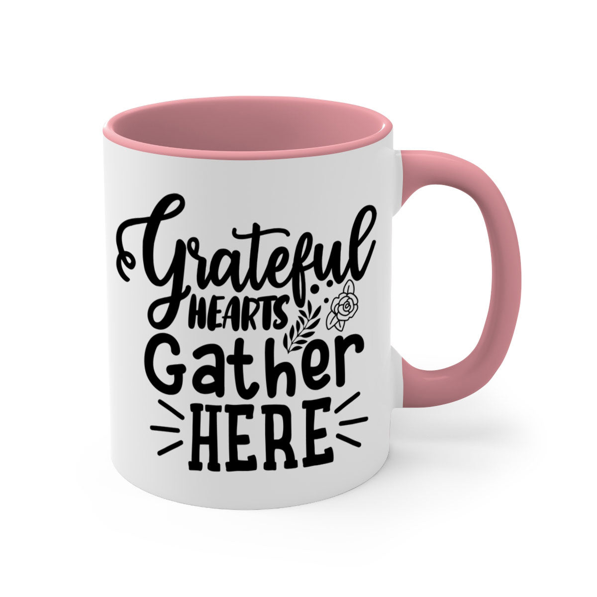 Grateful Hearts Gather Here Mug with a two-tone design featuring a colored handle and glossy finish, perfect for Thanksgiving.