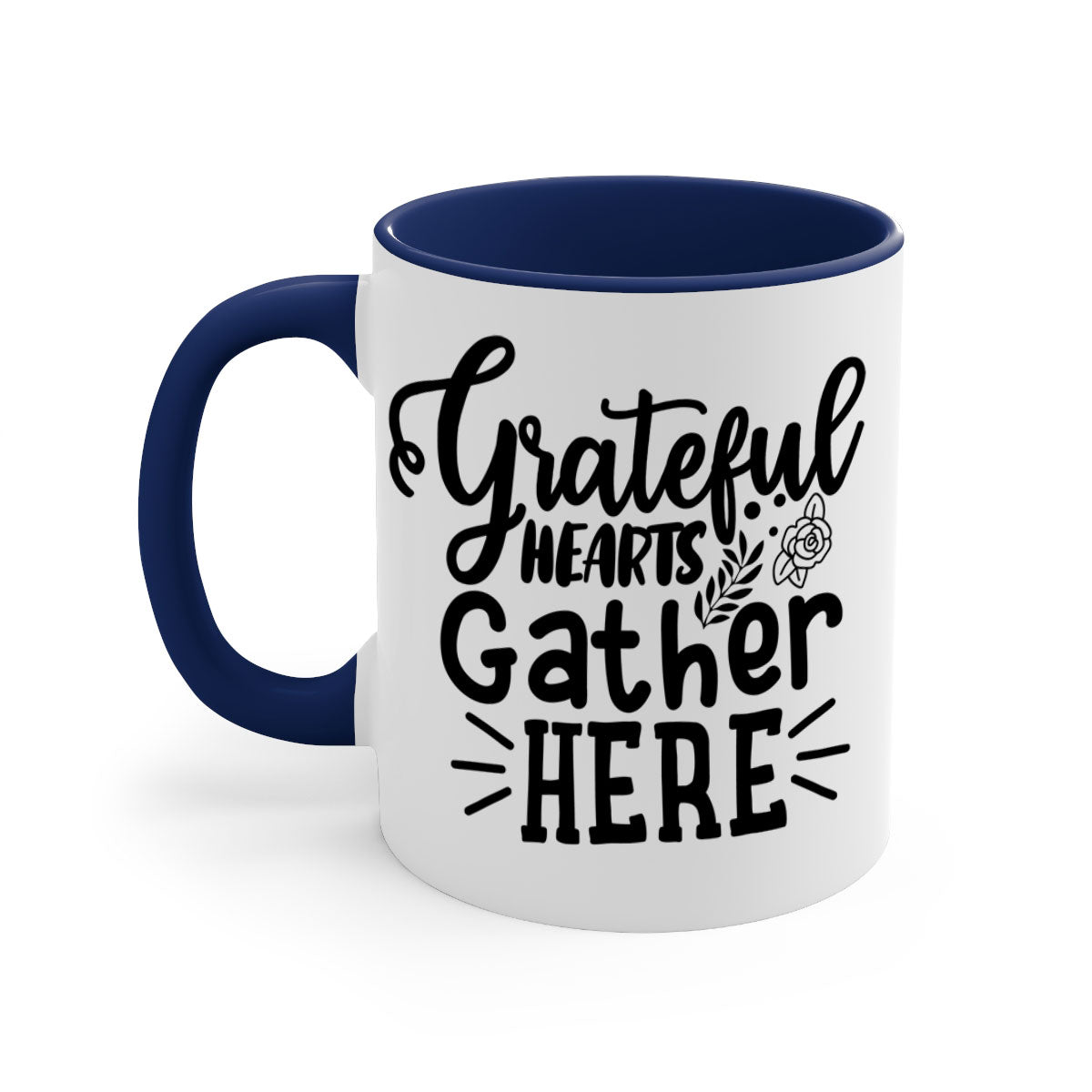 Grateful Hearts Gather Here Mug with a two-tone design featuring a colored handle and glossy finish, perfect for Thanksgiving.
