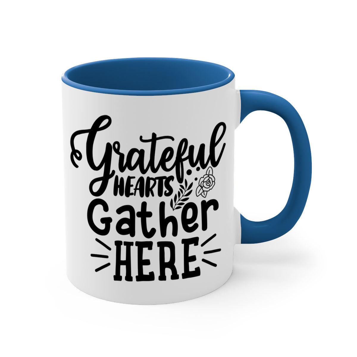 Grateful Hearts Gather Here Mug with a two-tone design featuring a colored handle and glossy finish, perfect for Thanksgiving.
