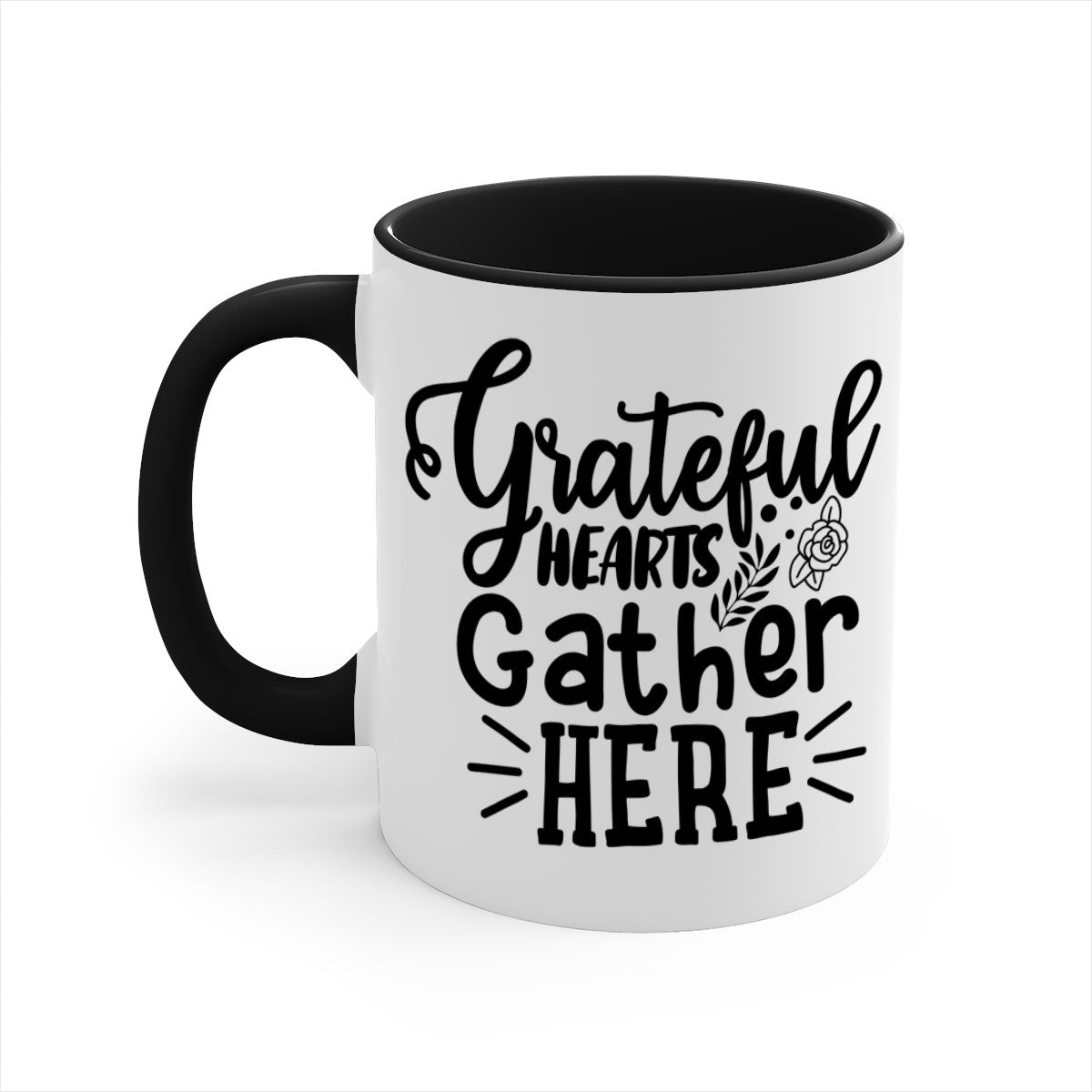 Grateful Hearts Gather Here Mug with a two-tone design featuring a colored handle and glossy finish, perfect for Thanksgiving.