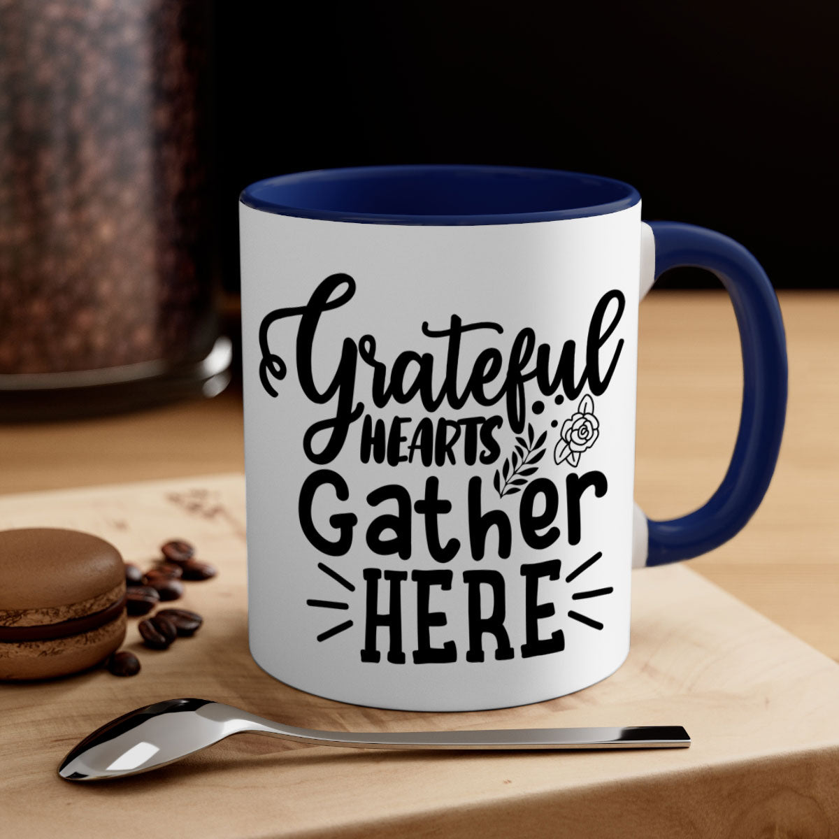 Grateful Hearts Gather Here Mug with a two-tone design featuring a colored handle and glossy finish, perfect for Thanksgiving.