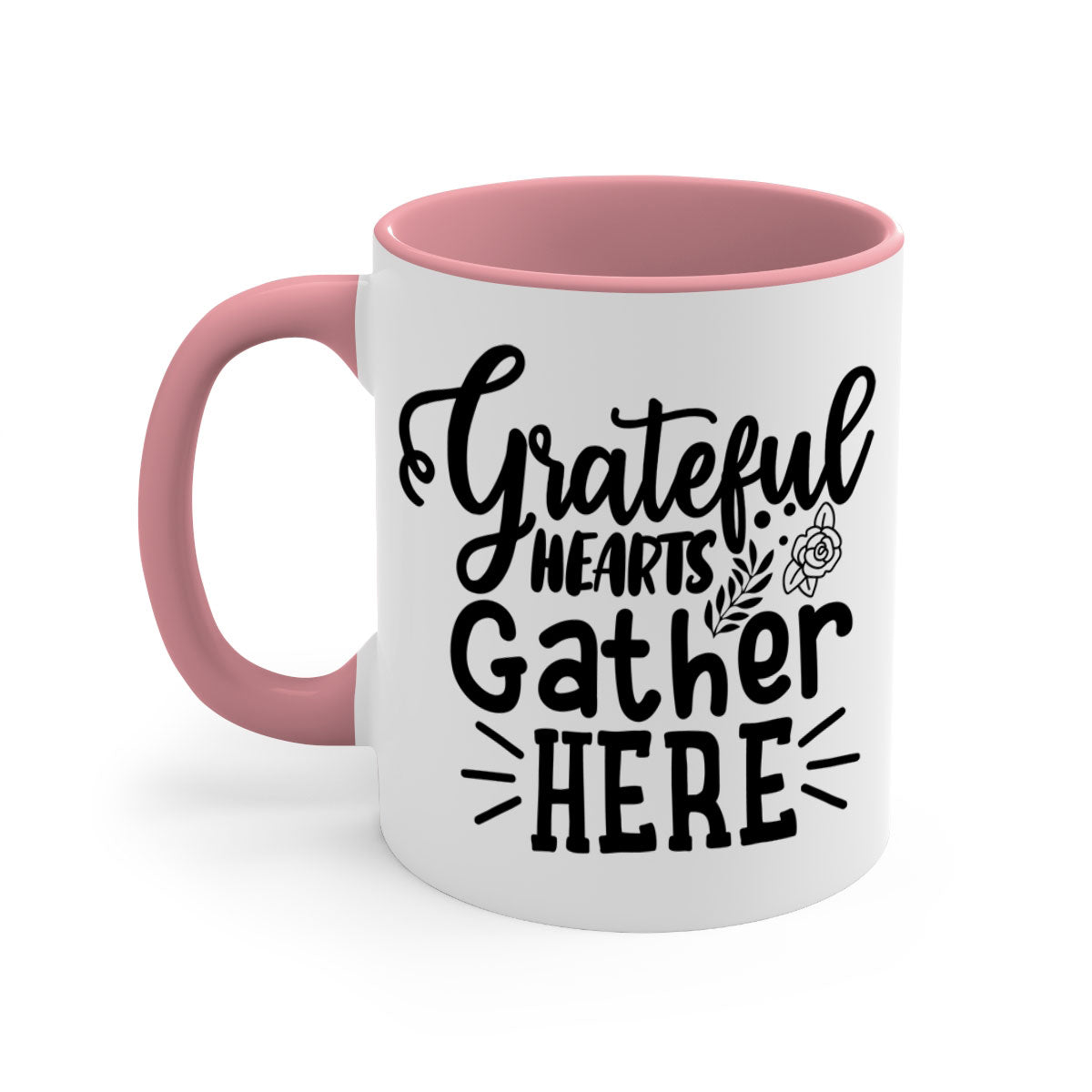 Grateful Hearts Gather Here Mug with a two-tone design featuring a colored handle and glossy finish, perfect for Thanksgiving.