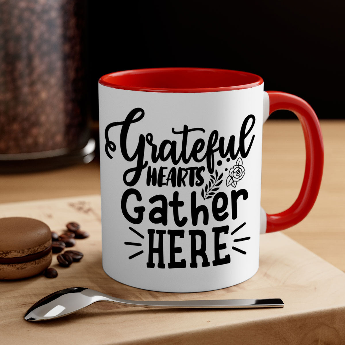 Grateful Hearts Gather Here Mug with a two-tone design featuring a colored handle and glossy finish, perfect for Thanksgiving.