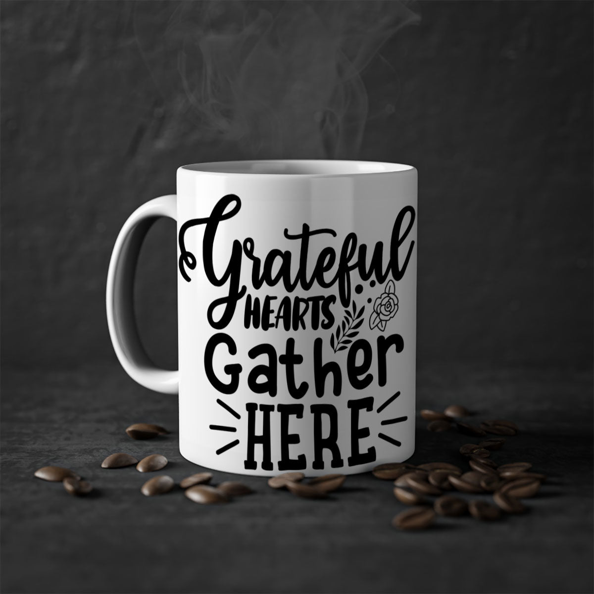 Grateful Hearts Gather Here Mug with a two-tone design featuring a colored handle and glossy finish, perfect for Thanksgiving.