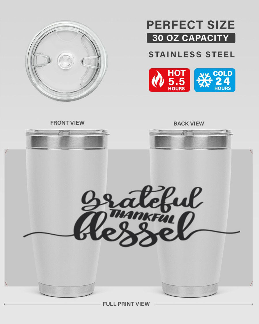 Grateful Thankful Blessed 20oz Tumbler featuring double wall vacuum stainless steel design with a press-in lid, ideal for hot and cold beverages.