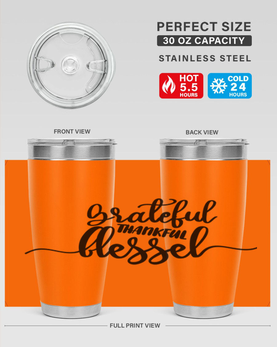 Grateful Thankful Blessed 20oz Tumbler featuring double wall vacuum stainless steel design with a press-in lid, ideal for hot and cold beverages.