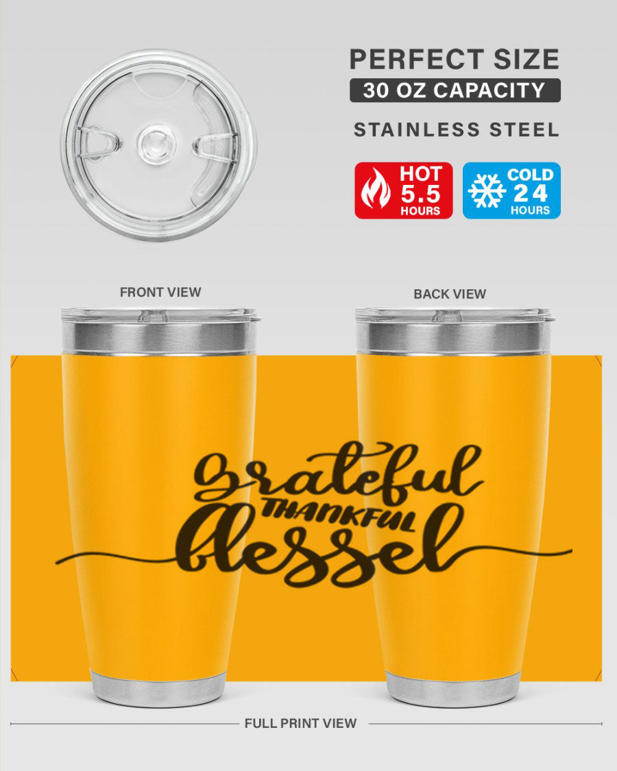 Grateful Thankful Blessed 20oz Tumbler featuring double wall vacuum stainless steel design with a press-in lid, ideal for hot and cold beverages.