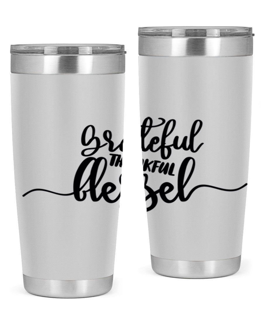 Grateful Thankful Blessed 20oz Tumbler featuring double wall vacuum stainless steel design with a press-in lid, ideal for hot and cold beverages.