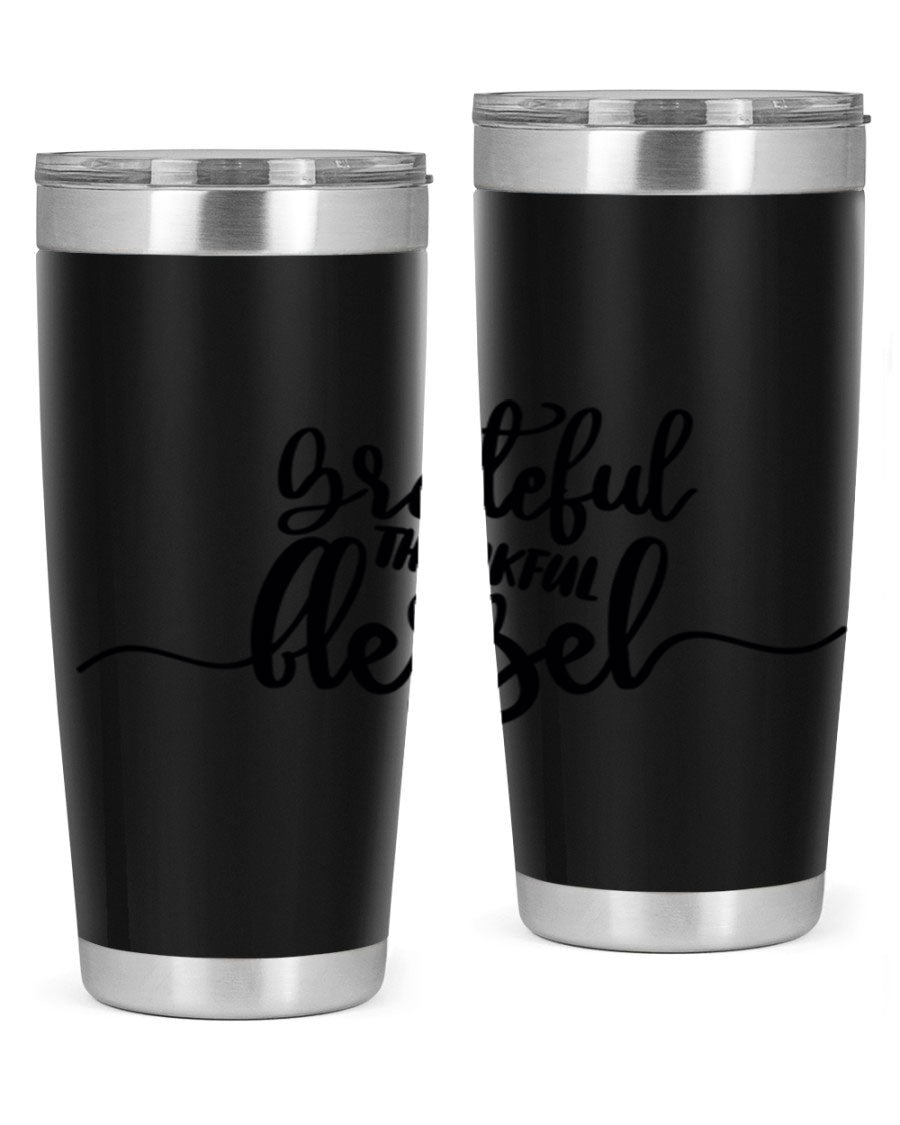 Grateful Thankful Blessed 20oz Tumbler featuring double wall vacuum stainless steel design with a press-in lid, ideal for hot and cold beverages.