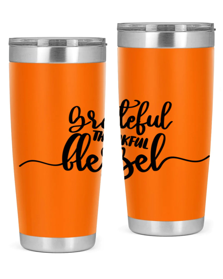 Grateful Thankful Blessed 20oz Tumbler featuring double wall vacuum stainless steel design with a press-in lid, ideal for hot and cold beverages.
