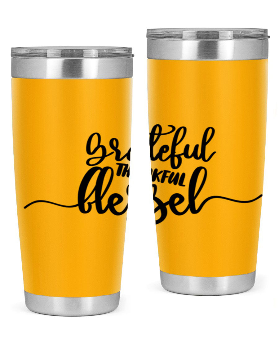 Grateful Thankful Blessed 20oz Tumbler featuring double wall vacuum stainless steel design with a press-in lid, ideal for hot and cold beverages.