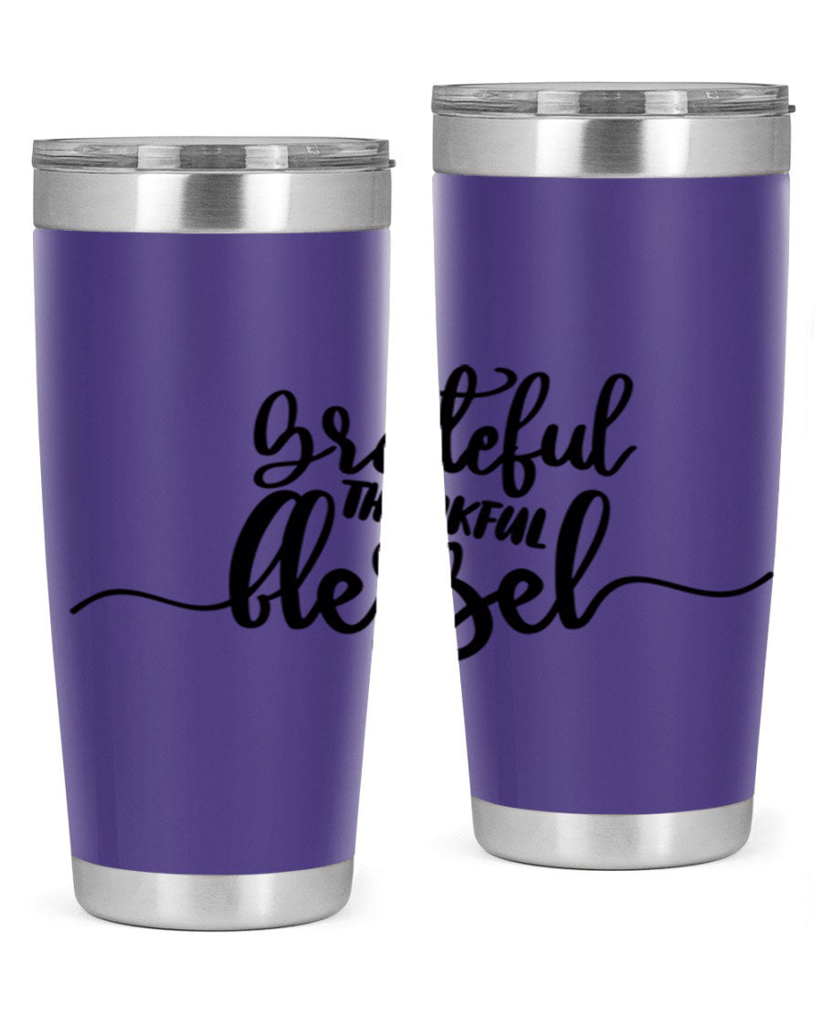 Grateful Thankful Blessed 20oz Tumbler featuring double wall vacuum stainless steel design with a press-in lid, ideal for hot and cold beverages.