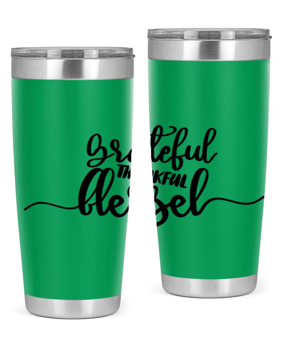 Grateful Thankful Blessed 20oz Tumbler featuring double wall vacuum stainless steel design with a press-in lid, ideal for hot and cold beverages.
