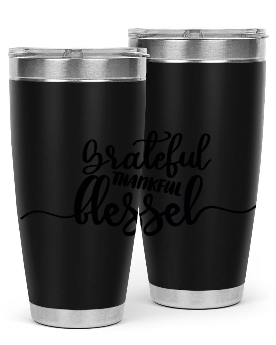 Grateful Thankful Blessed 20oz Tumbler featuring double wall vacuum stainless steel design with a press-in lid, ideal for hot and cold beverages.