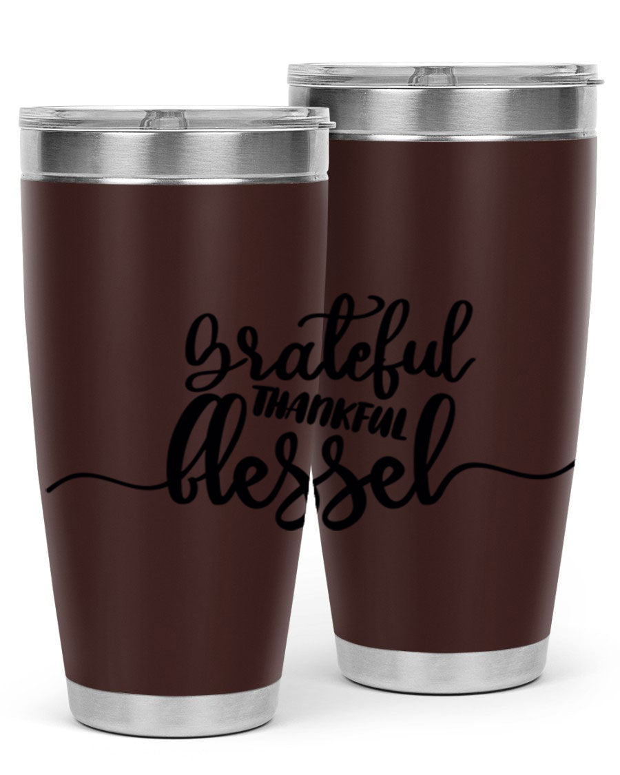 Grateful Thankful Blessed 20oz Tumbler featuring double wall vacuum stainless steel design with a press-in lid, ideal for hot and cold beverages.