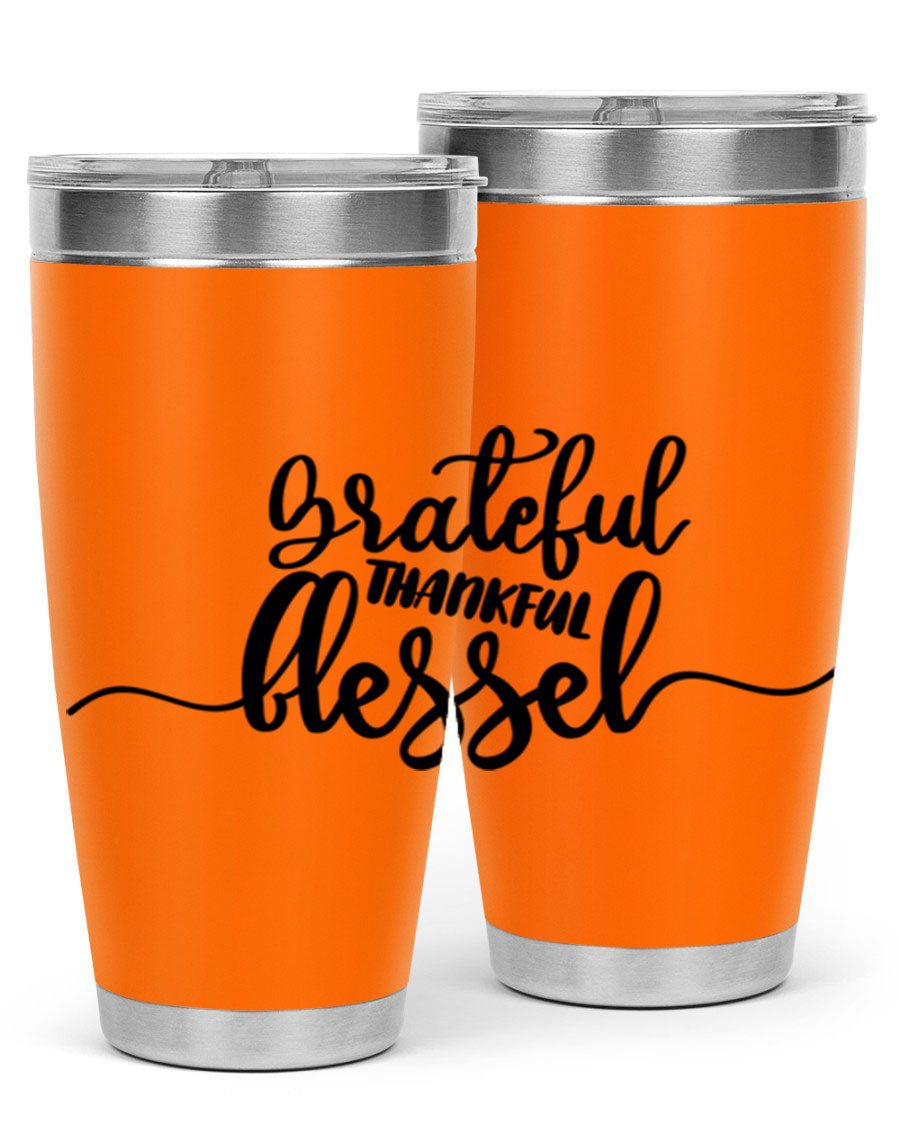 Grateful Thankful Blessed 20oz Tumbler featuring double wall vacuum stainless steel design with a press-in lid, ideal for hot and cold beverages.