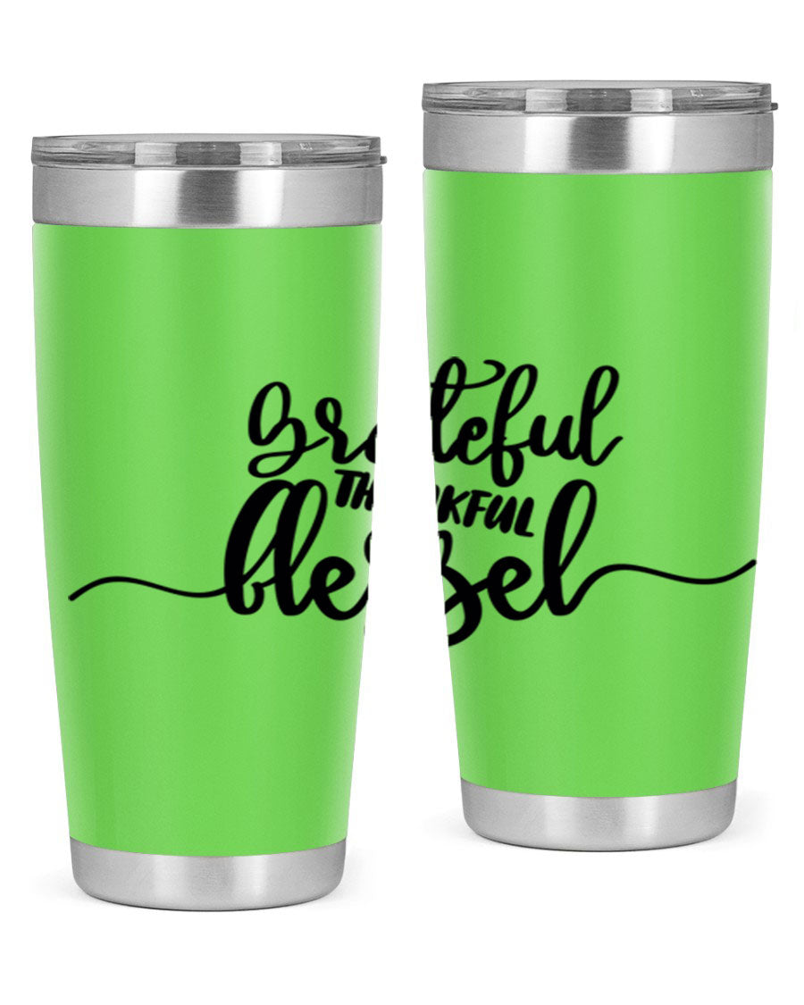 Grateful Thankful Blessed 20oz Tumbler featuring double wall vacuum stainless steel design with a press-in lid, ideal for hot and cold beverages.