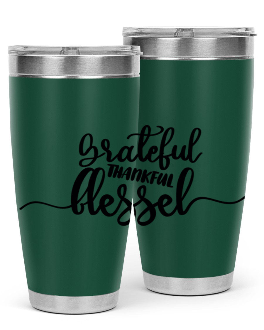 Grateful Thankful Blessed 20oz Tumbler featuring double wall vacuum stainless steel design with a press-in lid, ideal for hot and cold beverages.